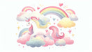 Dreamy Unicorn Rainbow Wall Mural - Magical Nursery Decor: whimsical unicorn on pastel clouds with rainbow arches, stars, and hearts for a dreamy nursery backdrop