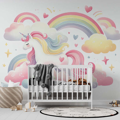 Dreamy Unicorn Rainbow Wall Mural - Magical Nursery Decor with pastel unicorn and rainbow scene for a dreamy, whimsical nursery