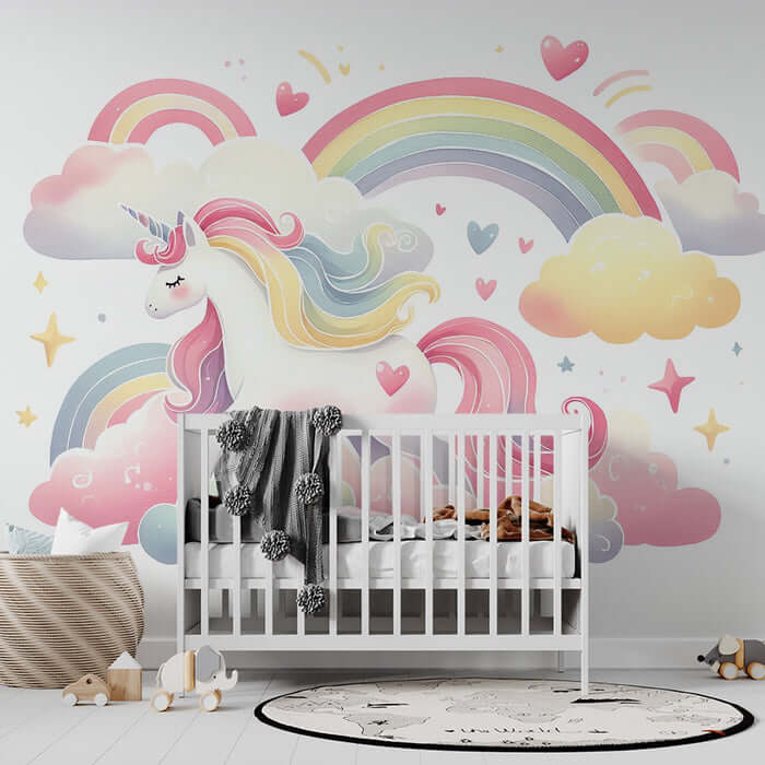 Dreamy Unicorn Rainbow Wall Mural - Magical Nursery Decor with pastel unicorn and rainbow scene for a dreamy, whimsical nursery
