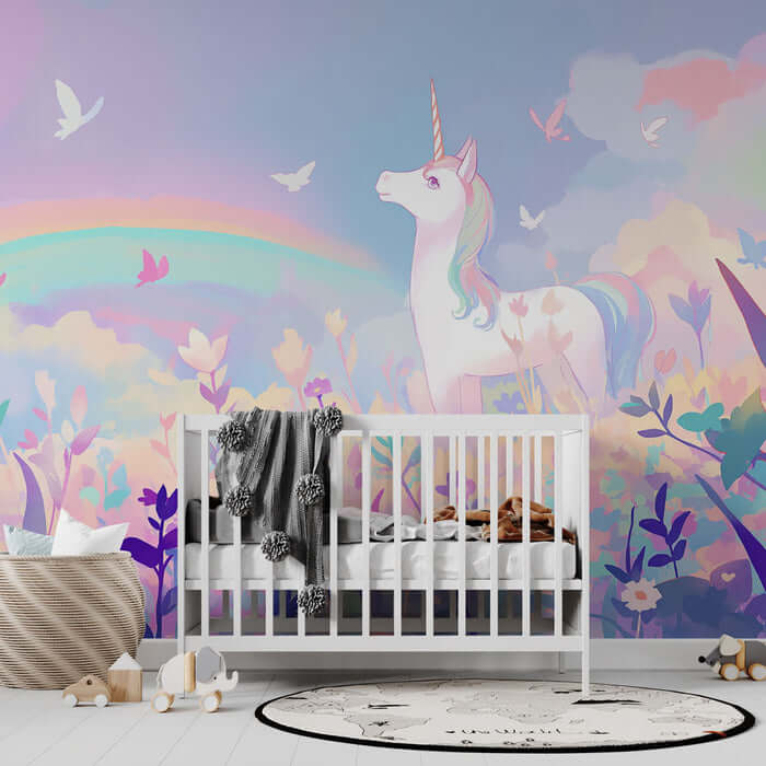 Dreamy Unicorn Wallpaper Mural – Fairy Tale Fantasy for Kids' Room & Bedroom Décor featuring a unicorn mural with pastel rainbow and blossoms