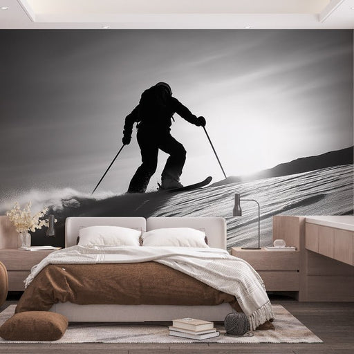 Dynamic Skiing Wallpaper Mural | Black and White Silhouette Skiing Picture - Carving wallpaper
