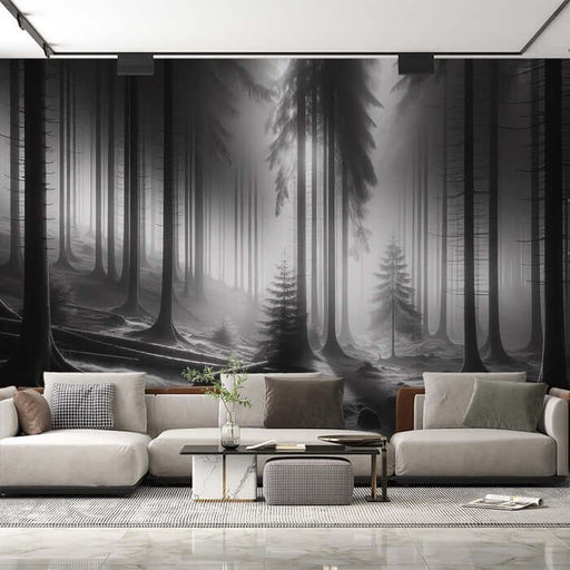 Elegant Black & White Misty Forest Wallpaper Mural - Tall Trees Art