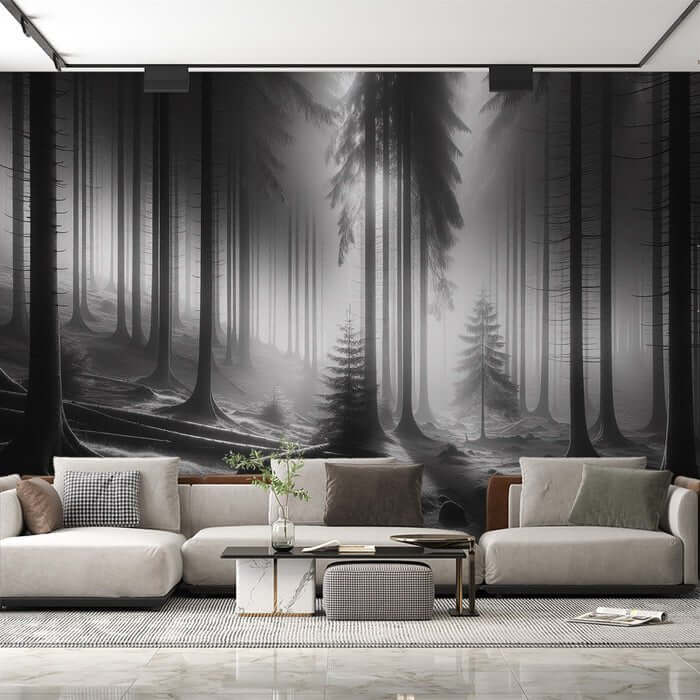 Elegant Black & White Misty Forest Wallpaper Mural - Tall Trees Art