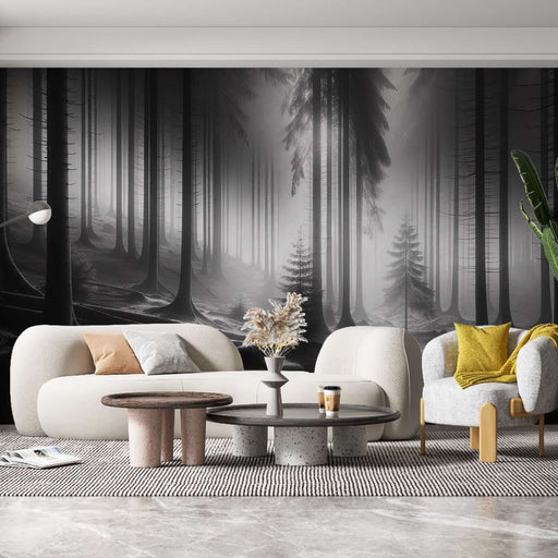 Elegant Black & White Misty Forest Wallpaper Mural - Tall Trees Art: Minimalist black and white forest mural with towering misty trees, perfect for modern interiors and serene focal point