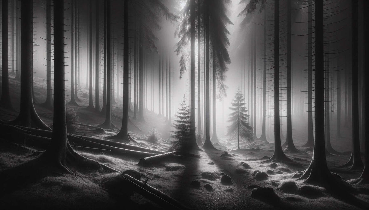 Elegant Black & White Misty Forest Wallpaper Mural - Tall Trees Art
