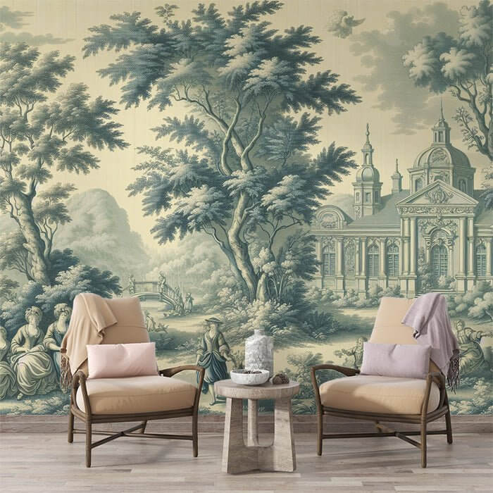 Elegant European Manor Mural Wallpaper | Vintage Landscape Art for Bedroom & Living Room featuring serene classical manor scene with lush greenery and vintage-dressed figures