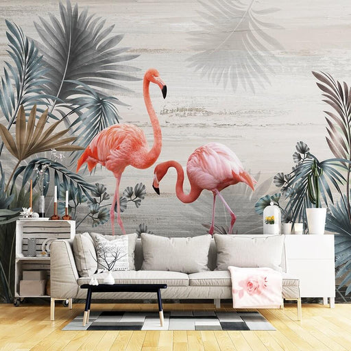 Elegant Flamingo & Tropical Oasis Wallpaper Mural – Serene Pink Accents on Botanical Canvas