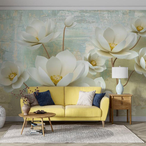 Elegant floral wallpaper mural | Retro base color and white flowers - Carving wallpaper