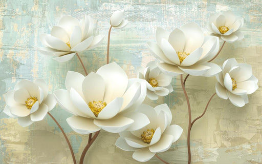 Elegant floral wallpaper mural | Retro base color and white flowers - Carving wallpaper