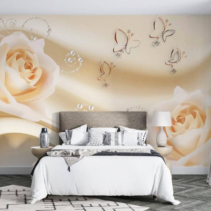 Elegant Floral Wallpaper – Soft Pink Roses & Pearl Butterflies – Romantic Home Decor: bedroom with cream roses wall mural, soft pink satin background, butterfly and pearl accents