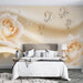 Elegant Floral Wallpaper – Soft Pink Roses & Pearl Butterflies – Romantic Home Decor: bedroom with cream roses wall mural, soft pink satin background, butterfly and pearl accents