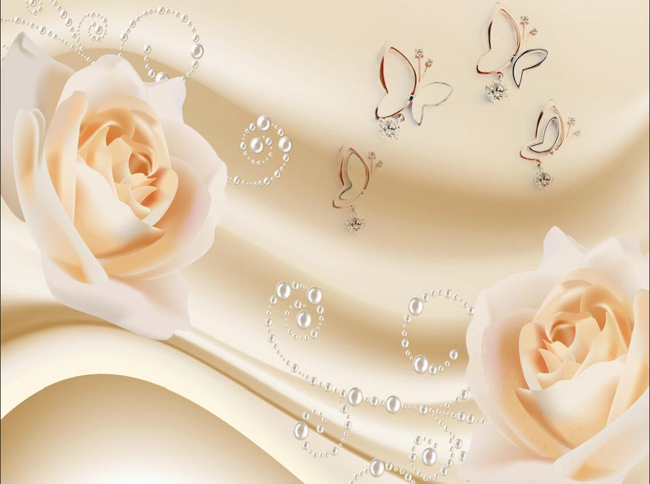 Elegant Floral Wallpaper – Soft Pink Roses & Pearl Butterflies – Romantic Home Decor — featuring cream roses and pearl-adorned butterflies on a soft satin pink background