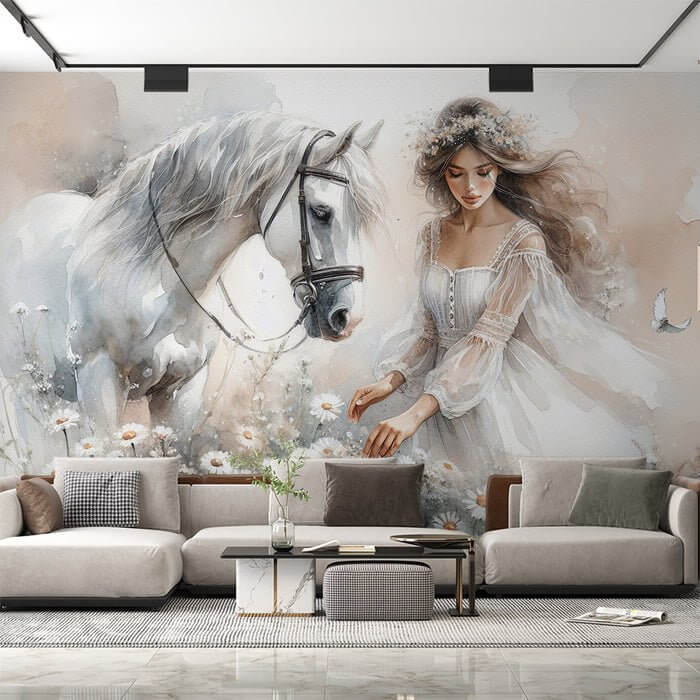 Elegant Watercolor Wallpaper: Dreamy Girl & White Horse in Floral Meadow - a dreamy girl in white dress with a majestic horse amid daisies in a watercolor mural