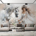 Elegant Watercolor Wallpaper: Dreamy Girl & White Horse in Floral Meadow - a dreamy girl in white dress with a majestic horse amid daisies in a watercolor mural