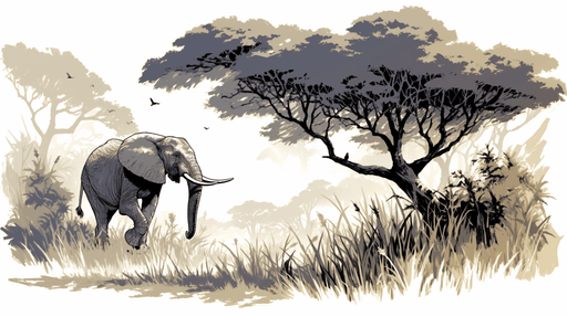Elephant themed wallpaper mural | African grassland style - Carving wallpaper