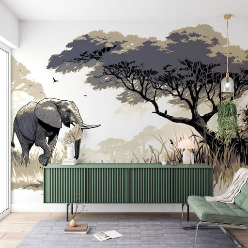 Elephant themed wallpaper mural | African grassland style - Carving wallpaper