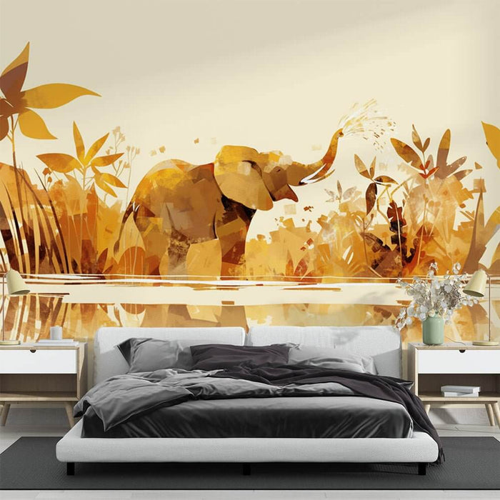 Elephant Wallpaper Mural Abstract Jungle Elephant for bedroom decor with warm yellow tones and geometric stroke art