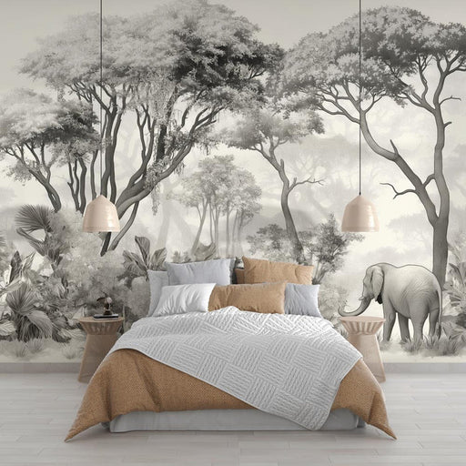 Elephant Wallpaper Mural | Black and White Forest - Carving wallpaper