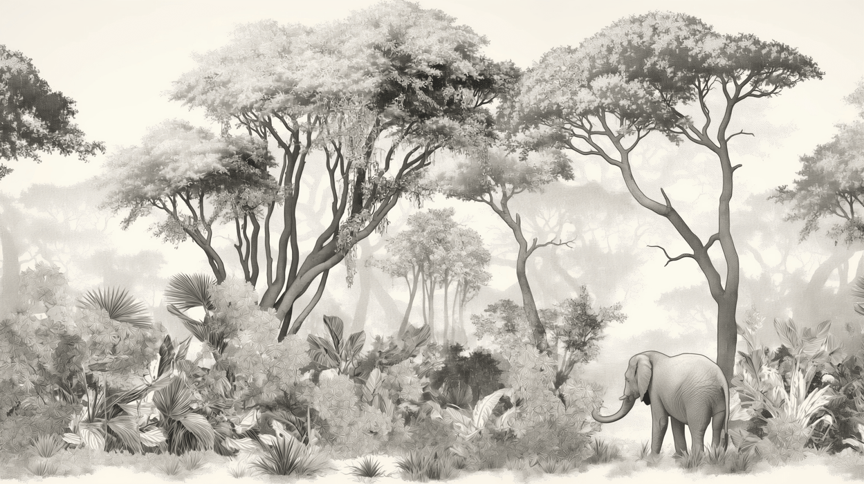 Elephant Wallpaper Mural | Black and White Forest - Carving wallpaper