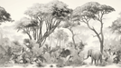 Elephant Wallpaper Mural | Black and White Forest - Carving wallpaper