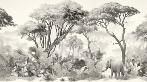 Elephant Wallpaper Mural | Black and White Forest - Carving wallpaper