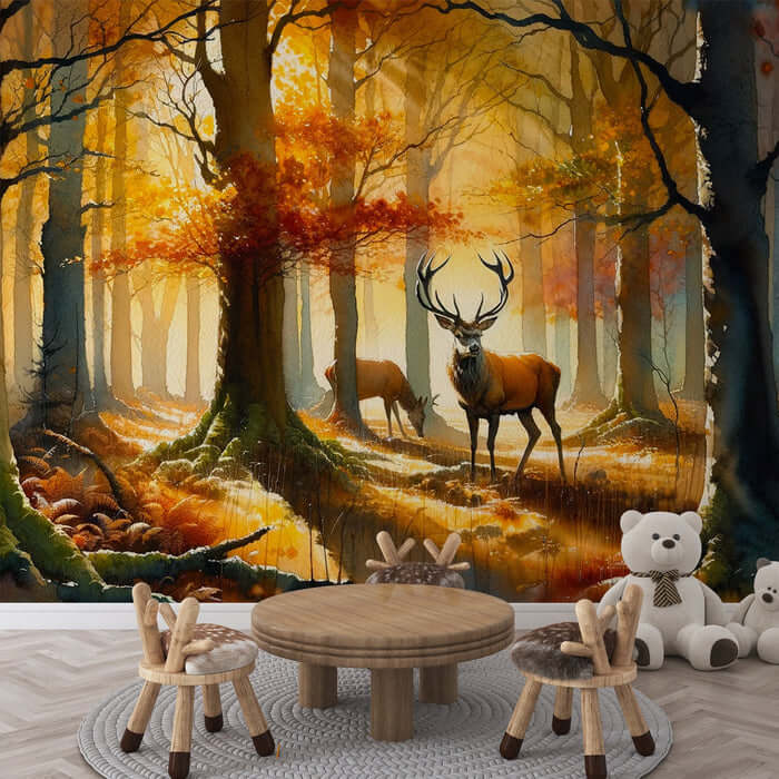 Elk Mural Wallpaper | Autumn Forest featuring elk in a sunlit autumn woodland with warm orange, yellow, and brown tones