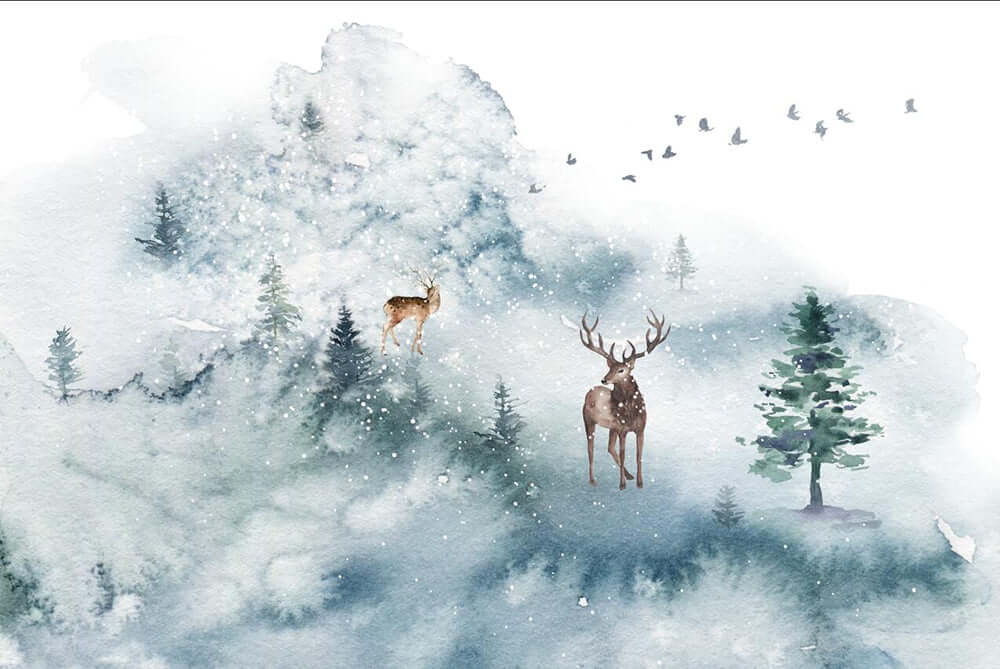 Elk Wallpaper Mural | Living Room and Bedroom Decoration Painting featuring winter watercolor deer landscape with snowy forest and tranquil ambiance