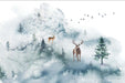 Elk Wallpaper Mural | Living Room and Bedroom Decoration Painting featuring winter watercolor deer landscape with snowy forest and tranquil ambiance