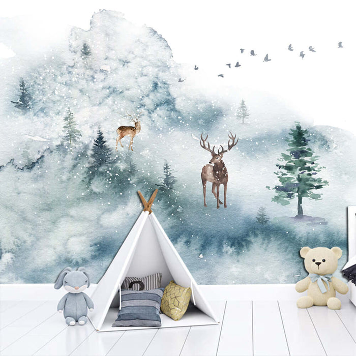 Elk Wallpaper Mural | Living Room and Bedroom Decoration Painting with watercolor deer, winter forest scene, perfect for healing winter space