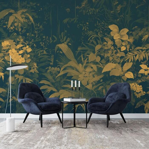 Emerald & Gold Botanical Wallpaper Mural – Vintage Floral Elegance on Deep Green Canvas