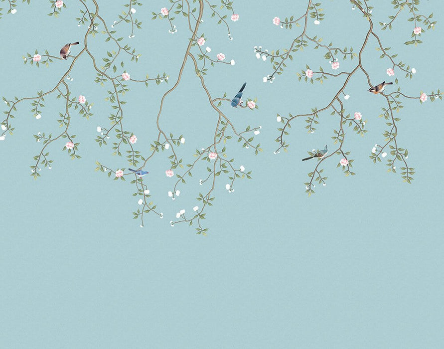 Emerald Leaves & Bird Wallpaper Mural: Light Blue Chinese Floral Motif - hand-painted branches with emerald leaves, pink blossoms, and small birds on a serene light blue backdrop