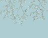 Emerald Leaves & Bird Wallpaper Mural: Light Blue Chinese Floral Motif - hand-painted branches with emerald leaves, pink blossoms, and small birds on a serene light blue backdrop