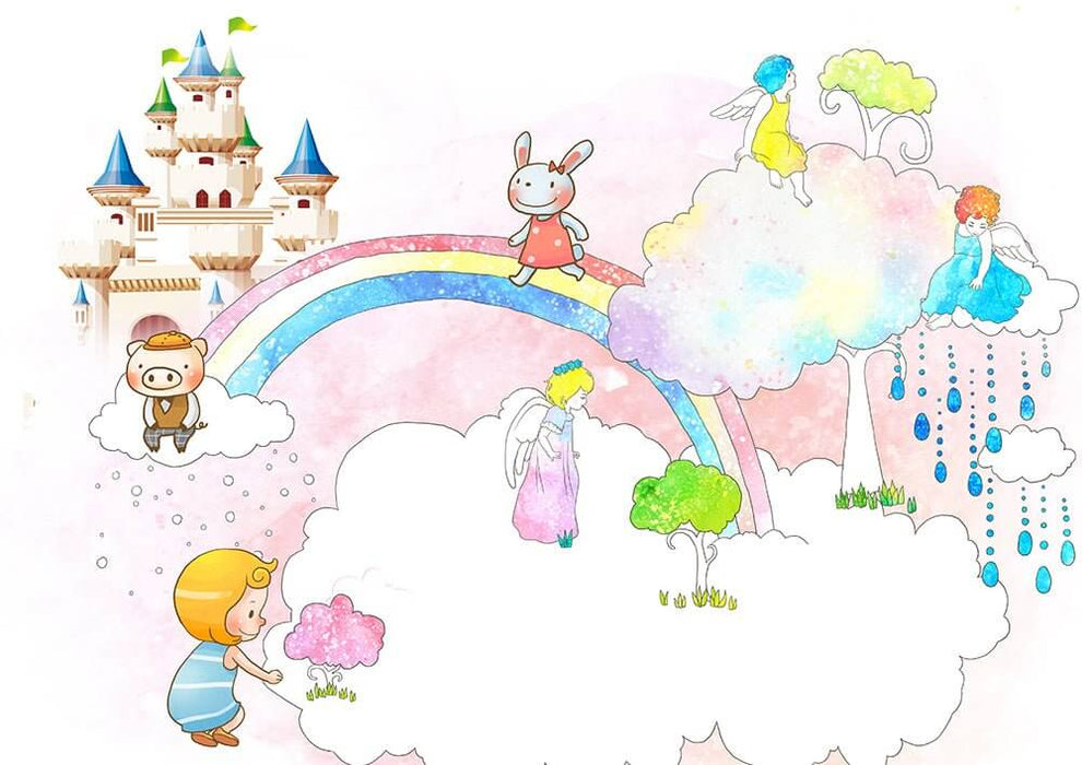 Enchanted Castle Wallpaper Mural | Whimsical Rainbow & Clouds for Kids' Rooms & Living Spaces