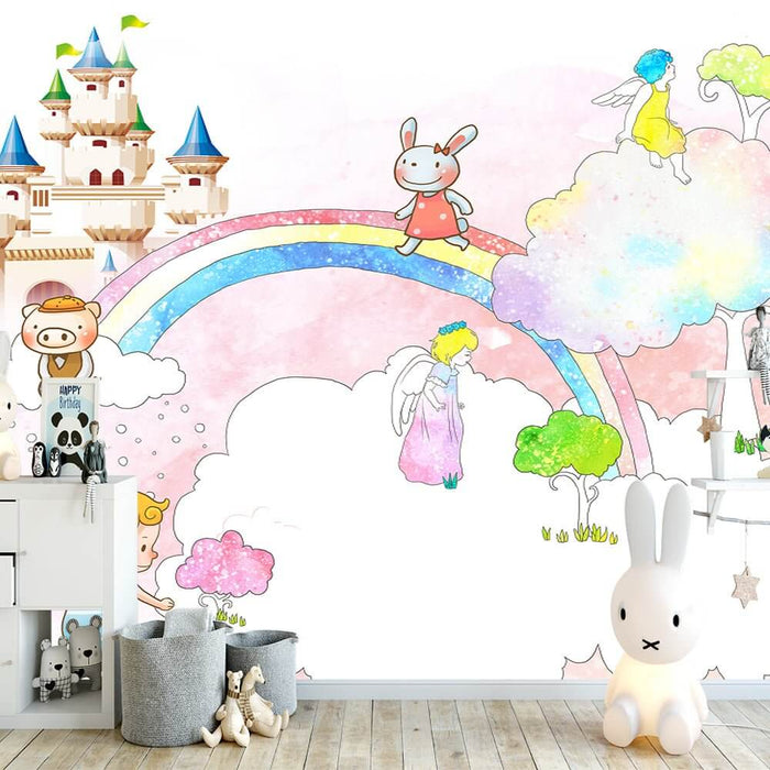Enchanted Castle Wallpaper Mural | Whimsical Rainbow & Clouds for Kids' Rooms & Living Spaces