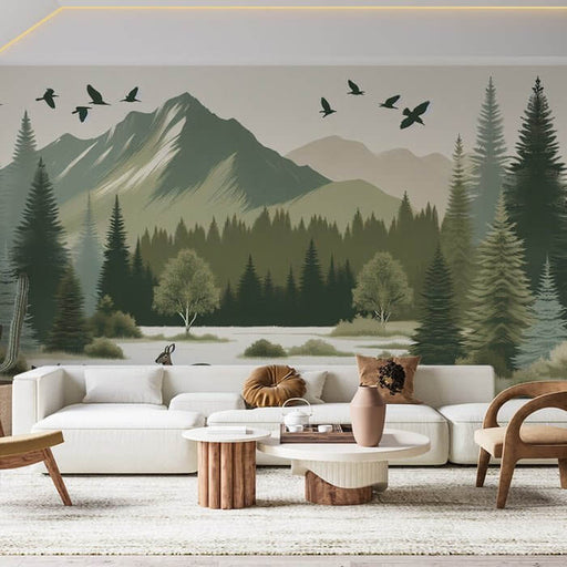 Enchanted Forest Animal Wallpaper | Deer and Rabbit Woodland Mural with Pine Forest Background