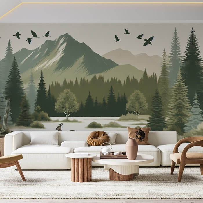 Enchanted Forest Animal Wallpaper | Deer and Rabbit Woodland Mural with Pine Forest Background