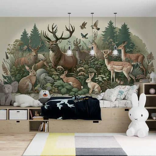 Enchanted Forest Wildlife Wallpaper Mural: Majestic Stag, Fawns & Rabbits in Lush Nature Scene