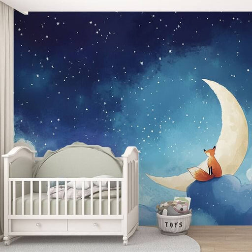 Enchanted Moonlit Fox Wallpaper in Whimsical Night Sky Nursery Mural