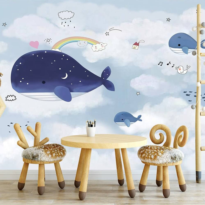 Enchanting Cartoon Whale Wallpaper Mural | Whales, Rainbow & Birds | Nursery & Living Room Decor for whimsical classroom and home walls