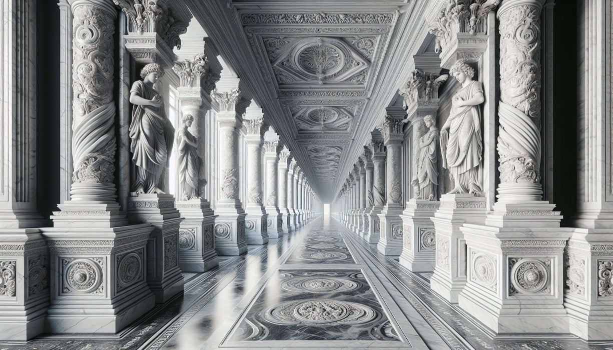 European sculpture wallpaper mural | Classical colonnade with marble columns, intricate floral carvings, and lifelike sculptures along a majestic, endless corridor
