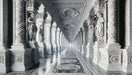 European sculpture wallpaper mural | Classical colonnade with marble columns, intricate floral carvings, and lifelike sculptures along a majestic, endless corridor