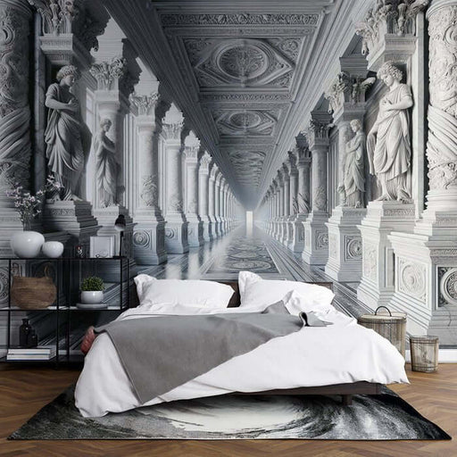 European sculpture wallpaper mural | Classical colonnade — dramatic marble corridor with ornate statues and detailed ceiling, enhancing room depth and elegance