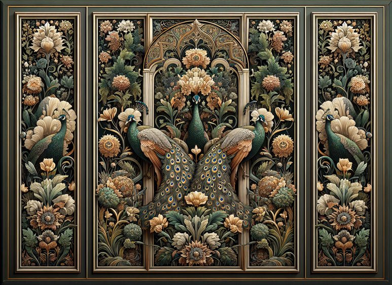 European classical flower and bird wallpaper mural | Peacock flower - Carving wallpaper