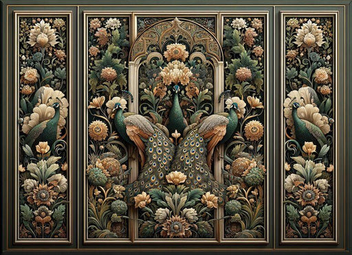 European Classical Peacock Wallpaper | Ornate Floral and Bird Mural with Gold Accents