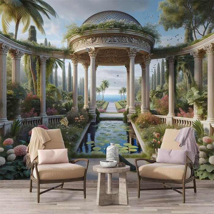 European style colonnade wallpaper mural | Tropical flowers