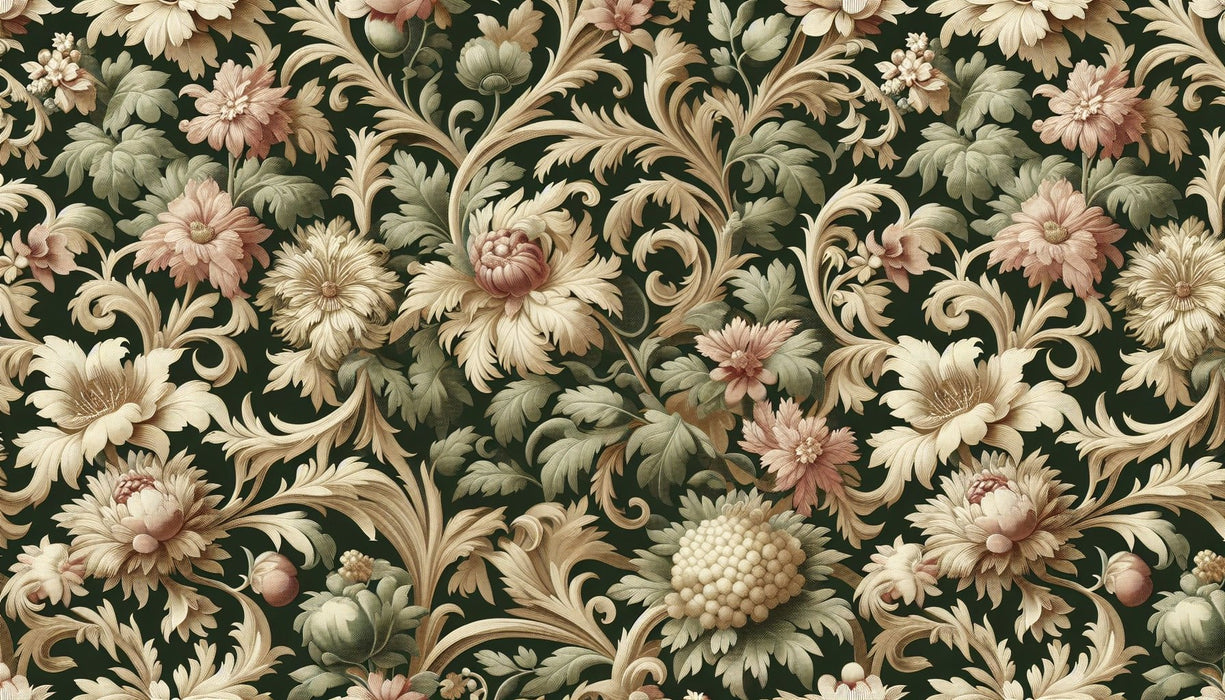 European floral wallpaper mural | Dark green as the base color, pink flowers - Carving wallpaper