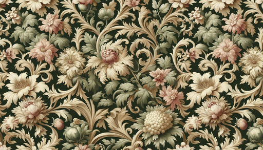 European floral wallpaper mural | Dark green as the base color, pink flowers - Carving wallpaper