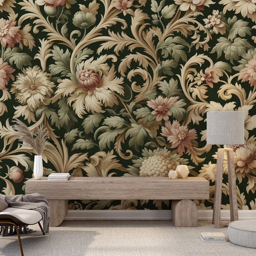 European floral wallpaper mural | Dark green as the base color, pink flowers - Carving wallpaper