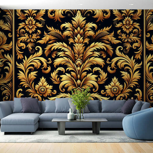 European Luxury Black & Gold Wallpaper Mural for Living Room & Bedroom - opulent black and gold damask design ideal for modern spaces
