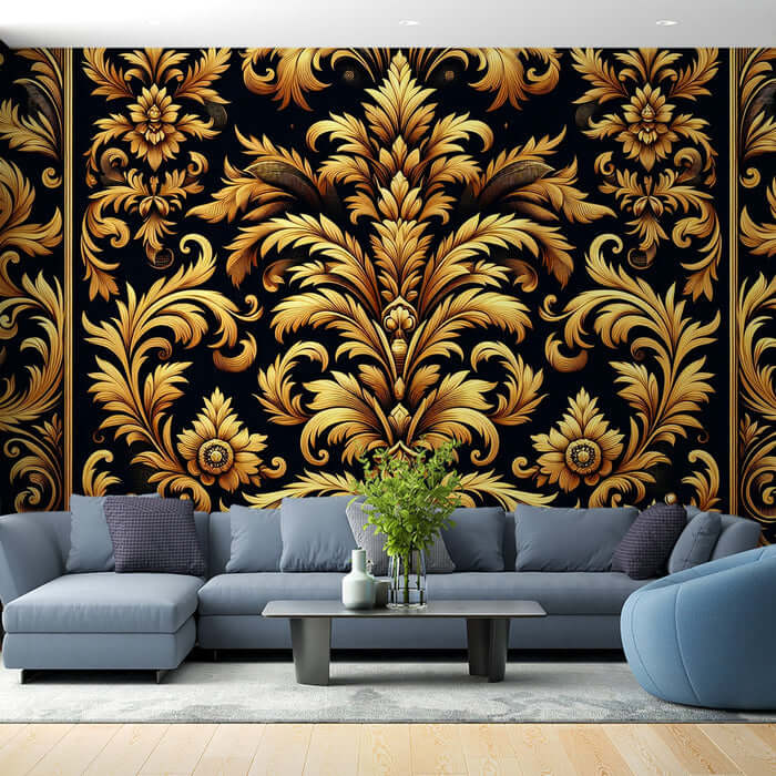 European Luxury Black & Gold Wallpaper Mural for Living Room & Bedroom - opulent black and gold damask design ideal for modern spaces